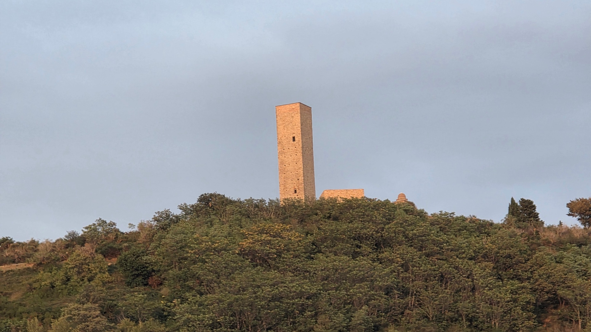 La torre del castello di Pitino sulla collina boscosa